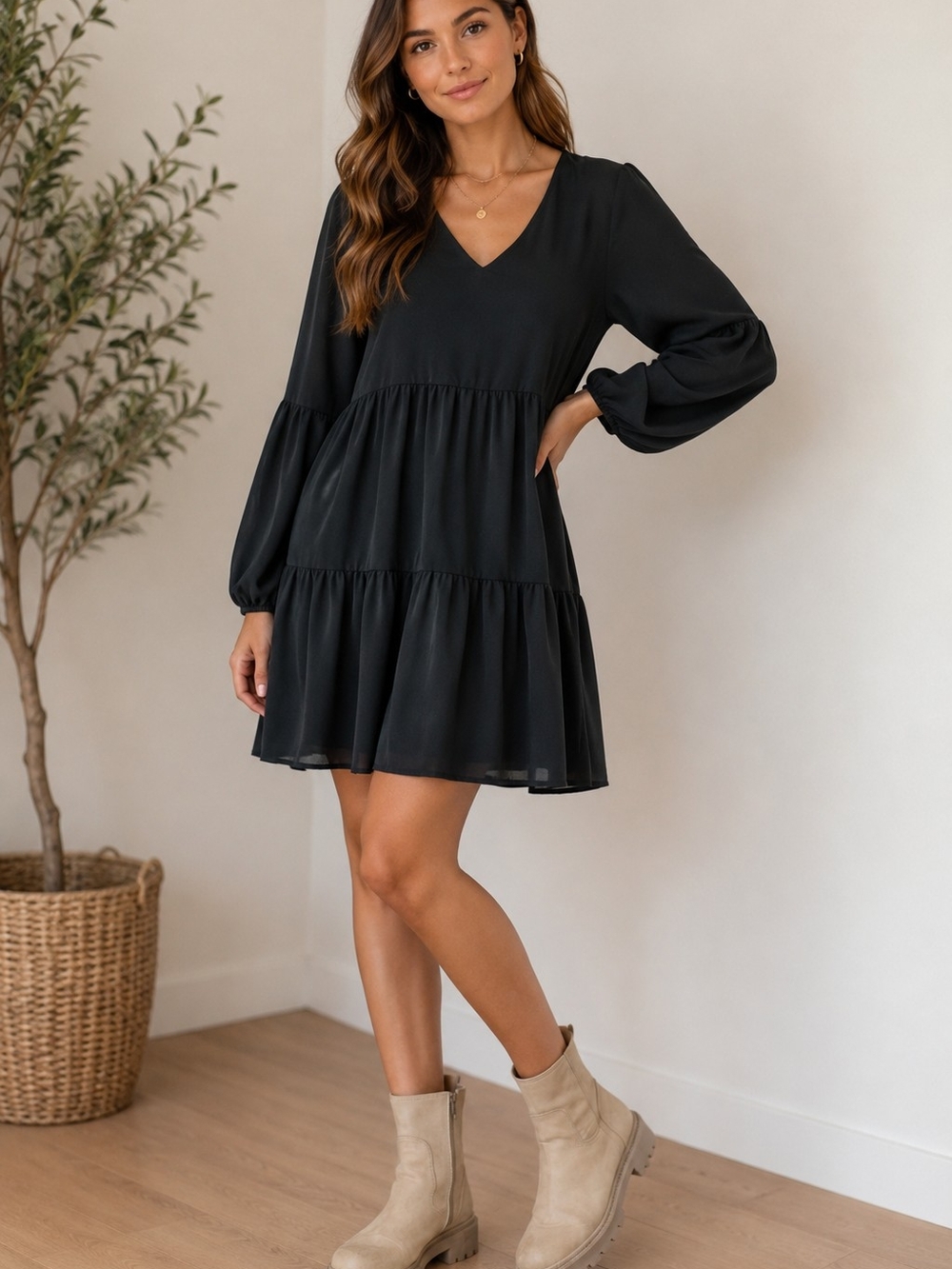 V-Neck Black Tiered Mini Dress Size Small ✨